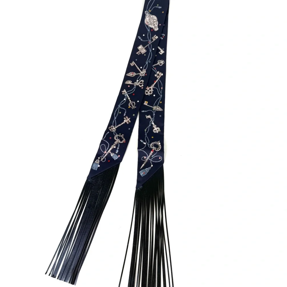 HERMES Les Cles a Pois Bleu Marine Gris Argent Silk Leather Fringes Twilly Scarf - Picture 6 of 7